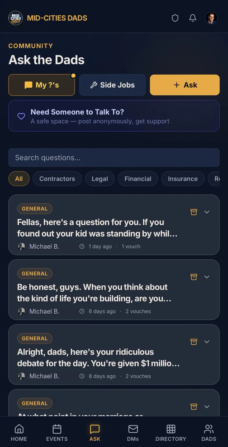 Ask the Dads screen with local conversations and abbreviated member names.