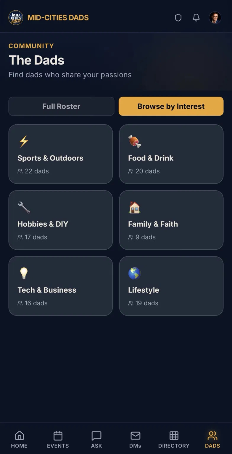 The Dads screen with interests for finding dads who share your passions.