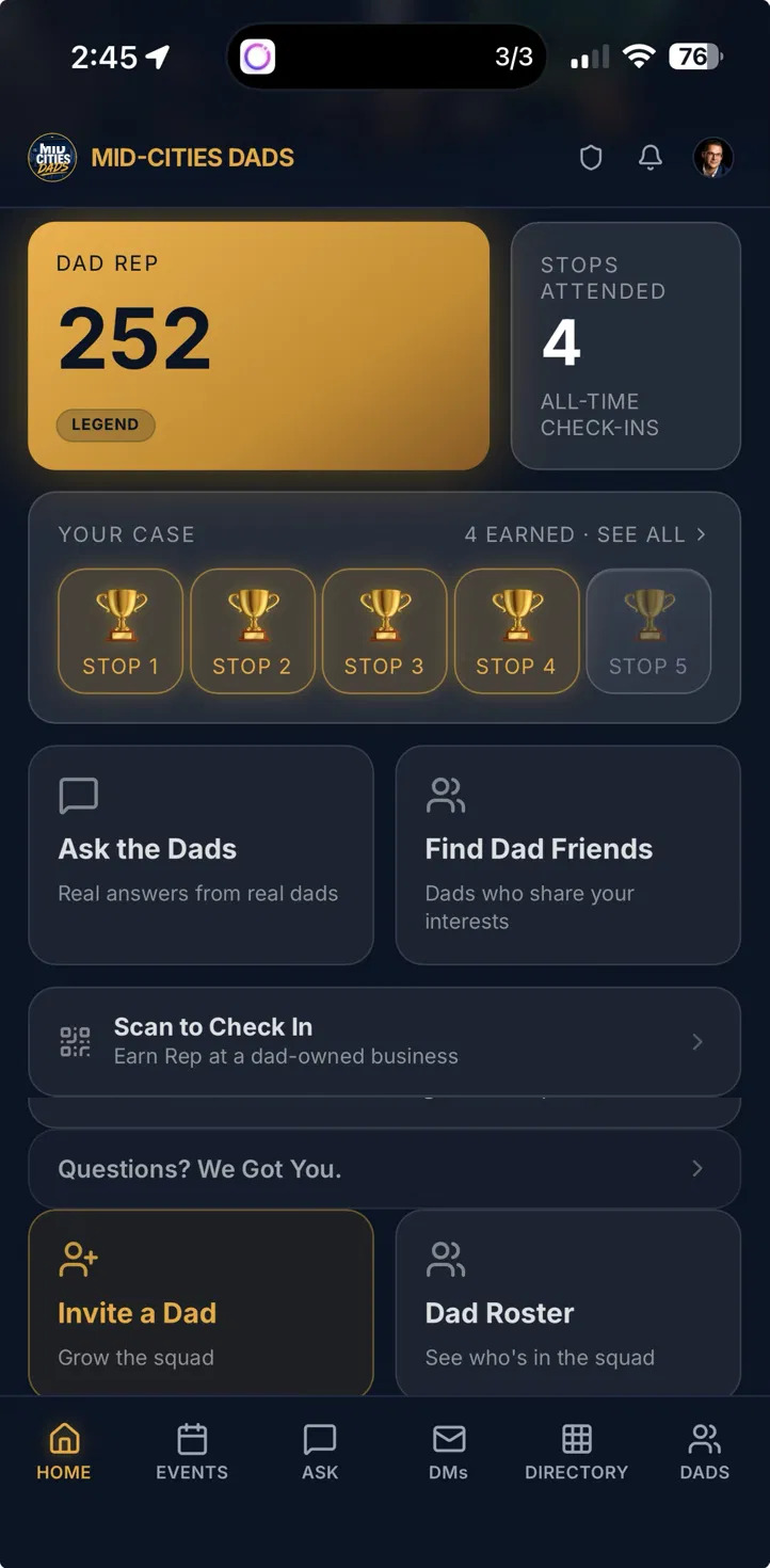 Member dashboard with Dad Rep, the case, Ask the Dads and check-in.