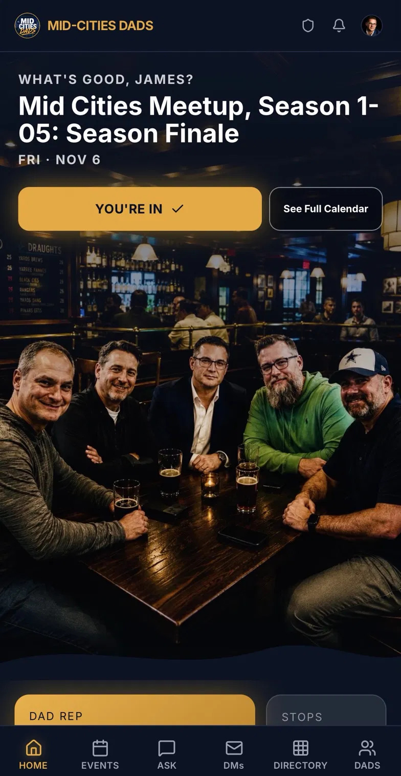Mid-Cities Dads app home screen with the Season 1 Finale and calendar.
