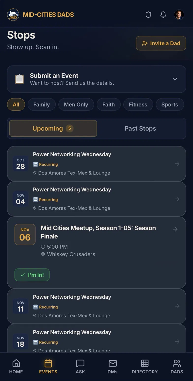 The Stops screen with the upcoming schedule and Season 1 Finale.